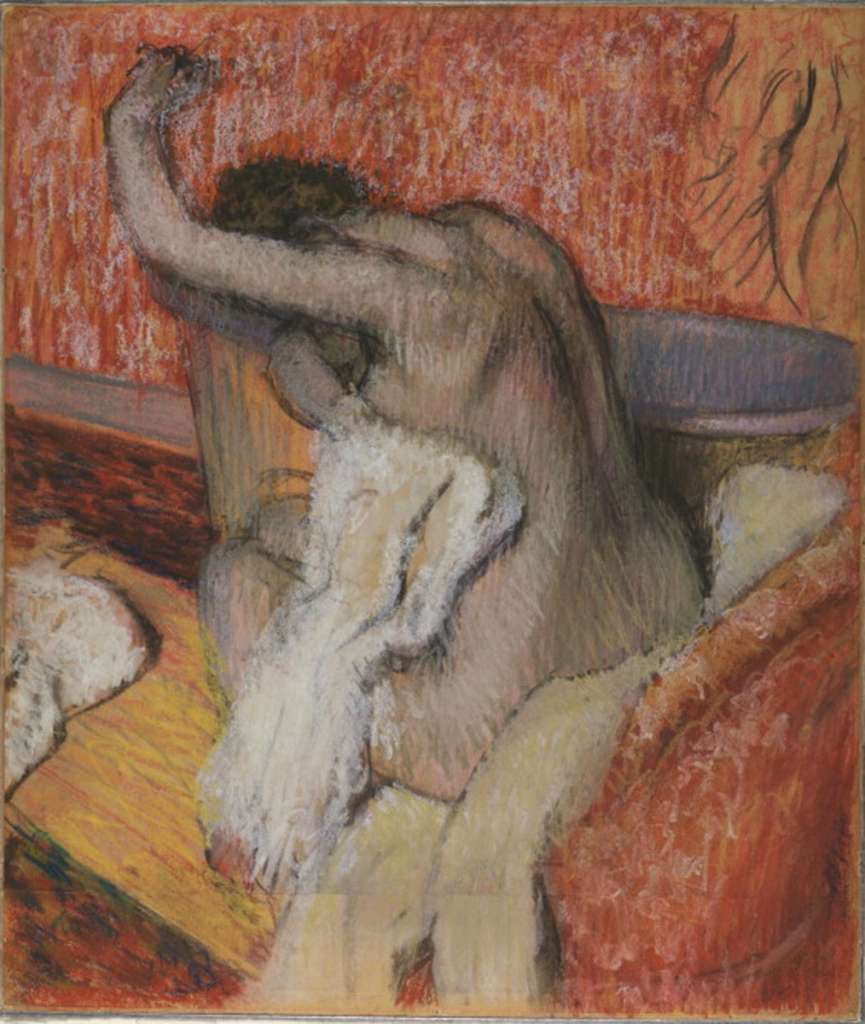 Courtauld 11 Edgar Degas - After The Bath - Woman Drying Herself 11. Edgar Degas - After the Bath Woman - Drying Herself. 1889-90, 68 x 58cm. From the mid-1880s onwards, the subject of women bathing in tubs or drying themselves became one of Degas� central preoccupations. His aims in his pictures of bathing women were to show �a human creature occupied with herself � a cat who licks herself. Hitherto, the nude has always been represented in poses which presupposes an audience, but these women of mine are honest and simple folk, unconcerned by any other interests than those involved in their physical condition � It is as if you looked through a key-hole.�